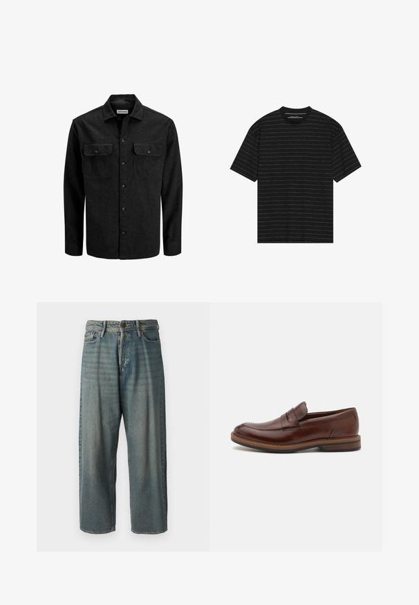 Schwarzes Hemd zum Zuknöpfen aus Wollmischung, mit Kragen, zwei Brusttaschen mit Klappen und geradem Schnitt.; Schwarzes Kurzarm-T-Shirt mit schmalen weißen horizontalen Streifen. Hergestellt aus weichem Stoff mit einem Rundhalsausschnitt und entspannter Passform.; Helle blaue Denim-Jeans mit lockerer Passform, mittelhoher Taille und geraden Beinen. Hat fünf Taschen, Gürtelschlaufen und einen Knopfverschluss.; Braune Lederloafers mit einer glatten Oberfläche, die über ein gesticktes Design, einen Slipper-Stil und eine strukturierte Gummisohle für besseren Halt verfügen.