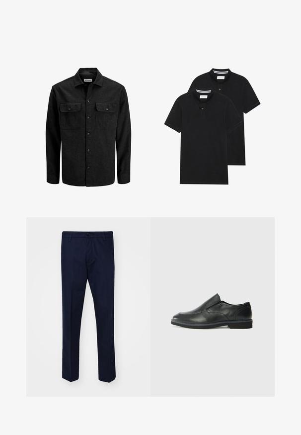 Camicia nera con bottoni in misto lana, caratterizzata da un colletto, due tasche sul petto con patta e un design a taglio dritto.; Due magliette polo nere, con maniche corte, in cotone, con colletto classico, pattina a due bottoni e dettagli a righe bianche all'interno del colletto.; Pantaloni blu navy realizzati in un tessuto liscio, con gamba dritta, chiusura con bottone e tasche anteriori.; Scarpa nera in pelle con inserto scivolare, superiore liscio, dettagli cuciti, punta arrotondata e tacco in gomma basso. La suola presenta un battistrada minimale.