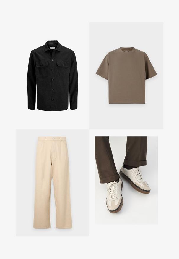 Svart skjorta med knappar framtill, tillverkad av en ullblandning. Den har krage, två bröstfickor med lock och en rak passform.; Brun t-shirt med kort ärm, tillverkad av mjukt material med rund halsringning. Har en avslappnad passform och enkel fålldetalj.; Beiga vida jeans med en texturerad yta, med framknäppning och klassisk femficksdesign.; Beige sneakers med en texturerad mockafront, släta lädersidor och en brun gummisula. Snörning och ljusa sömdetaljer ingår.