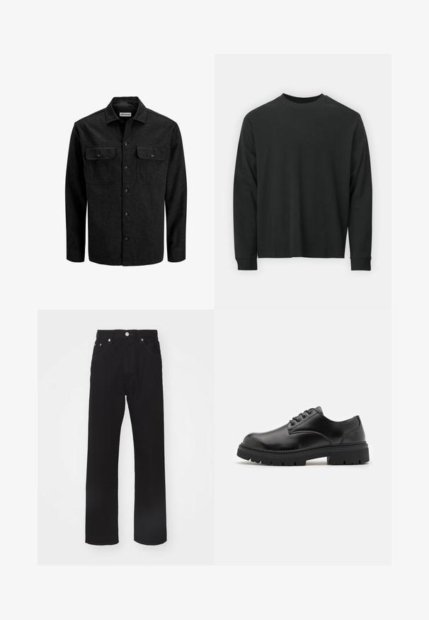 Musta nappipaita, valmistettu villasekoitteesta, jossa on kaulus, kaksi rintataskua läpällisillä ja suora istuvuus.; Pitkähihaine musta T-paita, joka on valmistettu puuvillasta. Tässä paidassa on pyöreä pääntie, rento istuvuus ja ribbikuvioidut hihansuut. Pintakuvasto on sileä ilman näkyviä kuvioita.; Mustat farkut, joissa on suora lahje, varustettuna napilla ja vetoketjulla, kahdella etutaskulla ja yksinkertaisilla ompeluyksityiskohdilla.; Mustat nahkakengät, joissa on pyöristetyt varpaat, nauhakiinnitys ja paksu, tekstuurilla varustettu kumipohja. Sisältää tikkausta reunoilla ja sileän pinnan.