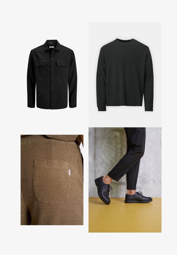 Zwart overhemd met knopen gemaakt van een wollen blend, voorzien van een kraag, twee borstzakken met kleppen en een rechte pasvorm.; Zwarte longsleeve T-shirt van katoen, met een ronde halslijn, een losse pasvorm en geribbelde boorden. Glad oppervlak zonder zichtbare patronen.; Lindbergh ELASTIC WAIST - Shorts - dk stone; Zwart leren veterschoenen met een ronde neus, gestructureerd oppervlak en dikke rubberen zool. Gekocht met opgerolde zwarte broeken tegen een betonnen achtergrond.