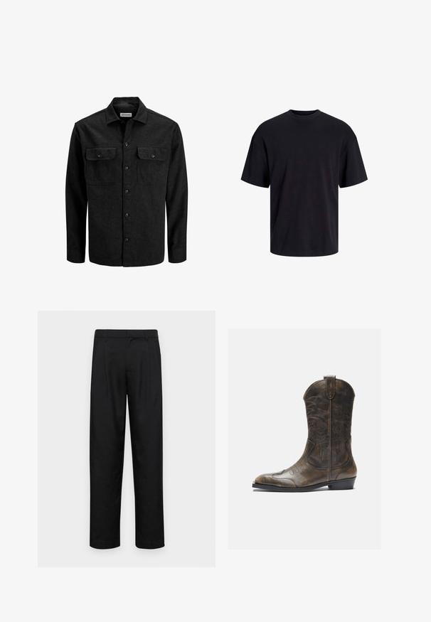 Black button-up shirt made from wool blend, featuring a collar, two chest pockets with flaps, and a straight fit design.; Black cotton t-shirt with a crew neckline, short sleeves, and a relaxed fit. Smooth texture and no visible patterns or accents.; Black trousers made of smooth fabric, featuring a straight-leg design, two front pleats, and standard waistband with belt loops.; Brown leather cowboy boot with a tall shaft, pointed toe, intricate stitching patterns, and a small heel. Textured finish throughout.