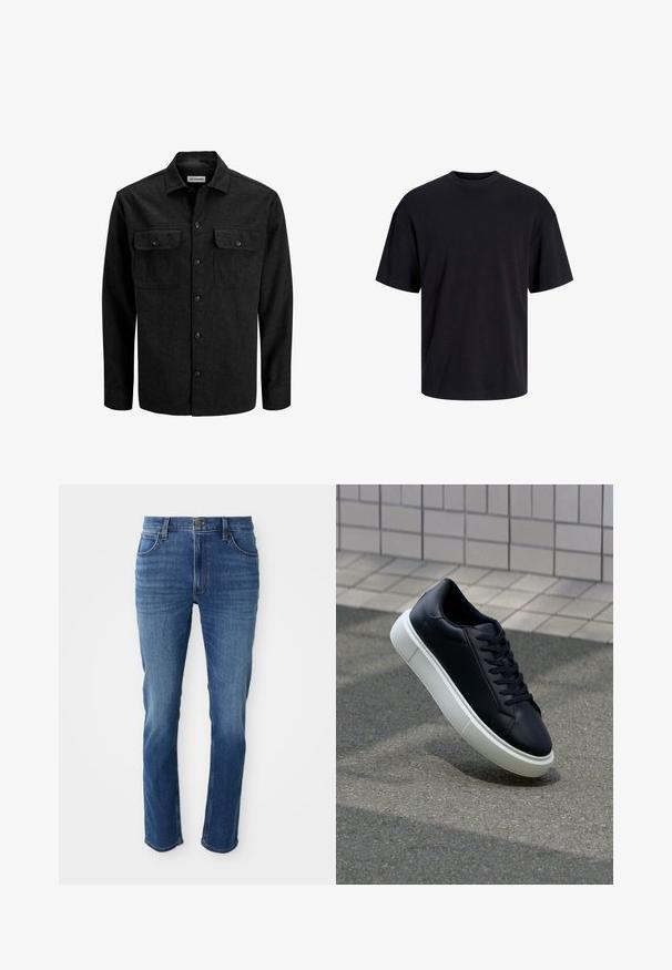 Černá košile na knoflíky vyrobená z vlněné směsi, s límečkem, dvěma náprsními kapsami s klopami a rovný střihem.; Černé bavlněné tričko s kulatým výstřihem, krátkými rukávy a volným střihem. Hladká textura a žádné viditelné vzory ani akcenty.; Modré džíny z denimu s rovný střih, pěti kapsami a zipovým zapínáním. Obsahují jemné vyblednutí a kontrastní šití podél švů.; Černé kožené tenisky s kulatou špičkou a bílou gumovou podrážkou. mají ploché tkaničky a minimální šití na svršku. Texturovaná podrážka pro lepší přilnavost.