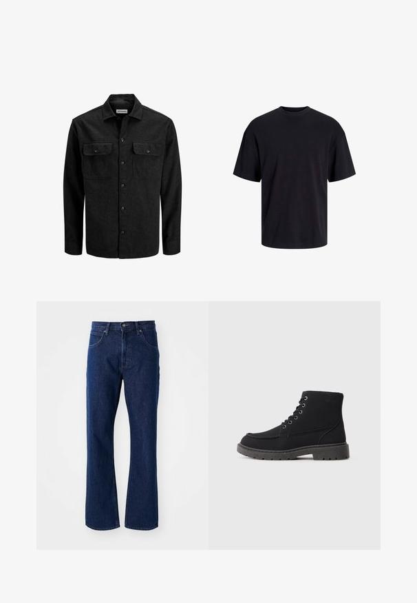Svart skjorte med knapper laget av ullblanding, med krage, to brystlommer med klaffer og en rett passform.; Svart bomull t-skjorte med rund hals, korte ermer og en avslappet passform. Glatt tekstur uten synlige mønstre eller detaljer.; Mørkeblå denimjeans med rett ben, med knapp- og glidelås-lukking, beltehemper og frontlommer mot en ensfarget bakgrunn.; Svarte ankelstøvler laget av teksturert materiale med flat såle, rund tå og seks hull for snøring. Forsterket søm langs kanten.