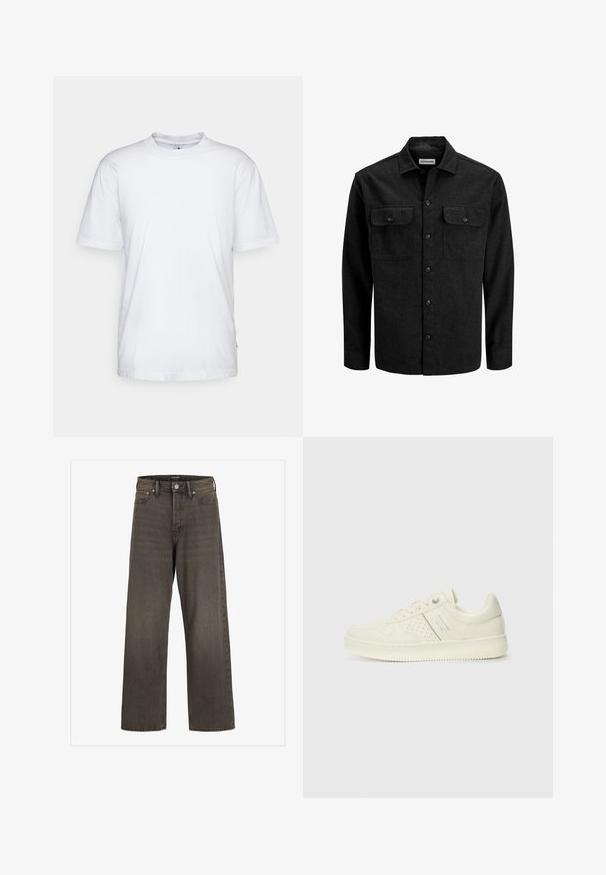 Chemise noire boutonnée en mélange de laine, dotée d'un col, de deux poches poitrine avec rabats, et d'une coupe droite.; T-shirt en coton blanc avec un col rond, des manches courtes et un ourlet droit. Présente une petite étiquette de marque sur la couture latérale gauche.; Jean large en denim gris foncé, avec une taille haute, un design classique à cinq poches et des coutures contrastantes le long des coutures.; Sneaker couleur crème avec des détails perforés, des lacets et un logo sur le côté, présenté sur un fond blanc uni.