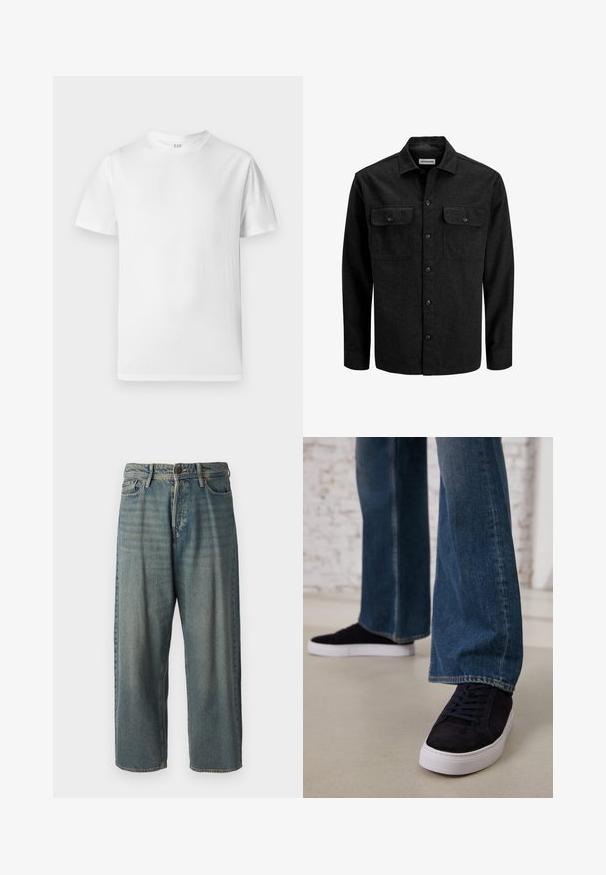 Crna košulja na kopčanje od mješavine vune, s ovratnikom, dva prsna džepa s preklopom i ravnim krojem.; Bijela kratka majica s kratkim rukavima od mekog pamuka. Ima okrugli izrez i ravni rub s minimalnim detaljima.; Svijetloplave traperice s širokim krojem, srednjim pojasom i ravnim nogavicama. Ima pet džepova, petlje za remen i kopčanje na gumb.; Tamno plave ante bluze tenisice s bijelim gumam potplatom i vezicama, u kombinaciji s trapericama širokih nogavica u srednje plavoj boji.