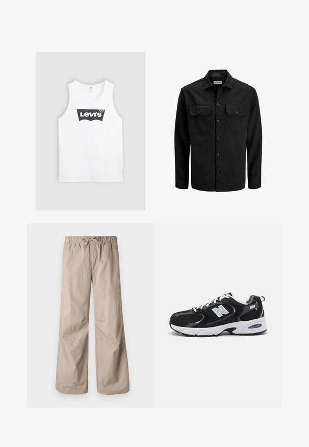 Črna srajca s :gumbi, izdelana iz volnene mešanice, z ovratnikom, dvema prsnikoma z zavihki in ravnim krojem.; Bela bombažna majica brez rokavov z logojem Levi's v črni barvi na sredini. Preprost dizajn z okroglo ovratnico in širokimi armholes.; Bež hlače širokega kroja z elastičnim pasom in vrvico. Gladka tekstura, dve stranski žepu in minimalni šivi za sproščen fit.; Črne in sive športne čevlje z zgornjim delom iz mrežaste in semiš usnja, s belim srednjim podplatom, vezalkami in močnim logotipom "N" na strani.