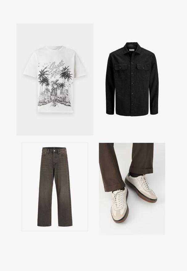 Črna srajca s :gumbi, izdelana iz volnene mešanice, z ovratnikom, dvema prsnikoma z zavihki in ravnim krojem.; Bela bombažna majica s črnim grafičnim tiskom palm in mestnega obzorja z napisom "Santa Monica." Kratki rokavi, okrogla izreza.; Široke hlače iz temno sive denim tkanine, s wysokim pasom, klasičnim pet-pocket dizajnom in kontrastnim šivom ob šivih.; Bež teniske z teksturiranim prednjim delom iz usnja, gladkimi kožnimi stranicami in rjavo gumijasto podplatom. Vključene vezalke in svetla šivana detajla.