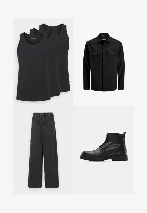 Camicia nera con bottoni in misto lana, caratterizzata da un colletto, due tasche sul petto con patta e un design a taglio dritto.; Canottiere nere in cotone in un set di tre. Caratterizzate da un collo rotondo, design senza maniche e orlo dritto. Texture liscia, branding minimal.; Pantaloni in denim neri a gamba larga e vita alta con chiusura frontale a bottoni e zip, dotati di tasche laterali e una texture liscia.; Stivali alla caviglia in pelle nera con punta rotonda, design con lacci, occhielli grigi a contrasto e suola in gomma robusta. Texture liscia con pochi accenti.