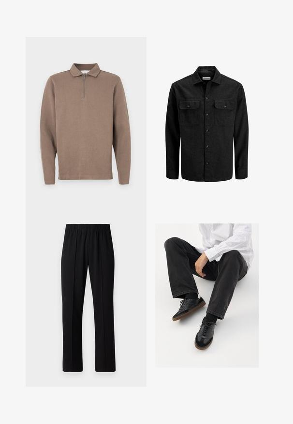 Melnā vilnas maisījuma pogājama krekla ar apkakli, divām krūšu kabatām ar atlokiem un taisnu piegriezumu.; Brūns garo piedurkņu polo krekls ar rāvējslēdzēja apkakli, ribotu tekstūru un taisnu apakšmalu. Iespējas: garas piedurknes un brīva piegriezuma stils.; Melni elastīgi bikses ar taisnas kājas dizainu, ar gludu tekstūru un bez redzamām zīmēm vai detaļām.; Melnas sporta kurpes ar gludu un teksturētu virsu, apgādātas ar gumijas zoli un tumšiem auklām. Saskaņotas ar melniem džinsiem un baltu svītrainu krekls.