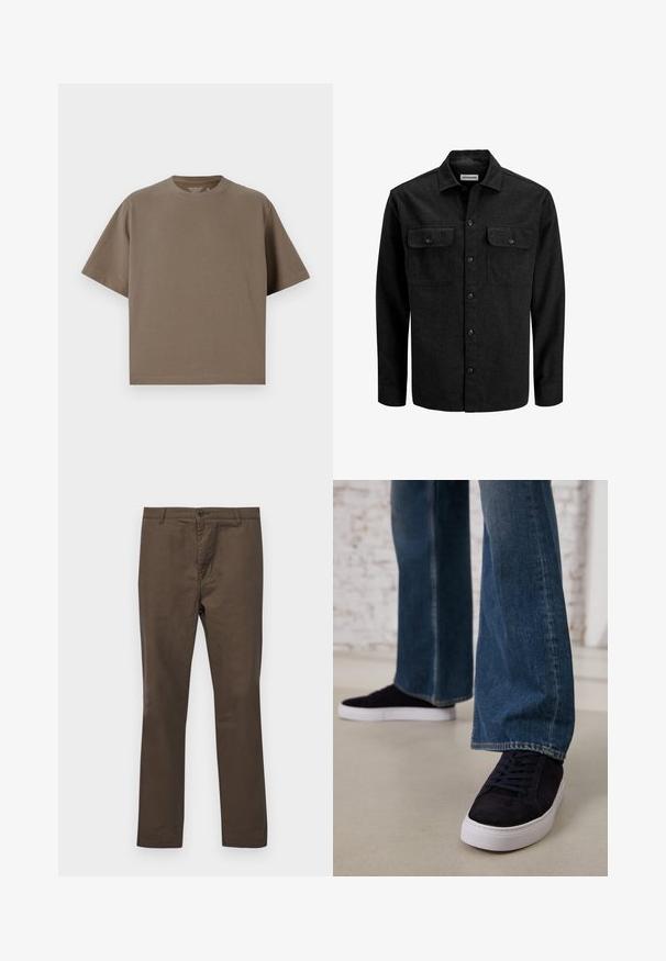 Crna košulja na kopčanje od mješavine vune, s ovratnikom, dva prsna džepa s preklopom i ravnim krojem.; Smeđi majica kratkih rukava od mekog materijala s okruglim izrezom. Ima opuštenu kroj i jednostavne detalje na rubu.; Marron pamuk hlače s ravnim nogavicama, s kopčanjem na gumb i petljama za remen, glatke teksture bez uzoraka ili naglasaka.; Tamno plave ante bluze tenisice s bijelim gumam potplatom i vezicama, u kombinaciji s trapericama širokih nogavica u srednje plavoj boji.