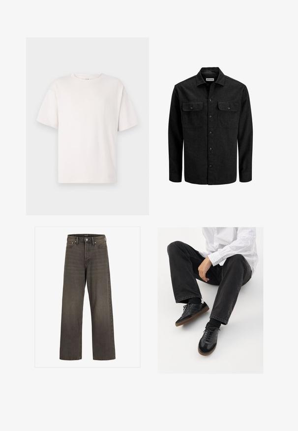 Black button-up shirt made from wool blend, featuring a collar, two chest pockets with flaps, and a straight fit design.; White short-sleeve t-shirt made of soft cotton. Features a round neck and relaxed fit. Smooth texture with no patterns or accents.; Wide-leg jeans in dark grey denim, featuring a high waist, classic five-pocket design, and contrasting stitching along the seams.; Black sneakers with a smooth and textured upper, featuring a rubber sole and dark laces. Paired with black jeans and a white striped shirt.