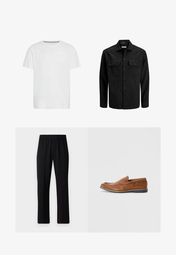 Black button-up shirt made from wool blend, featuring a collar, two chest pockets with flaps, and a straight fit design.; White cotton t-shirt with a crew neck, short sleeves, and a single chest pocket. Features a subtle herringbone pattern on the inner neckline.; Black, elastic-waist trousers with a straight-leg design, featuring a smooth texture and no visible patterns or hardware.; Brown leather loafers with a round toe, stitched accents, and a low rubber sole. The design features a band across the upper.
