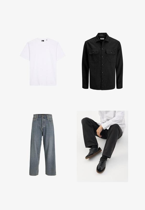Black button-up shirt made from wool blend, featuring a collar, two chest pockets with flaps, and a straight fit design.; White short-sleeve crew neck T-shirt made of smooth fabric with a black brand label inside the neckline.; Light blue wide-leg denim jeans with a high waist, five-pocket design, and visible stitching. Soft texture with a slightly faded appearance.; Black sneakers with a smooth and textured upper, featuring a rubber sole and dark laces. Paired with black jeans and a white striped shirt.