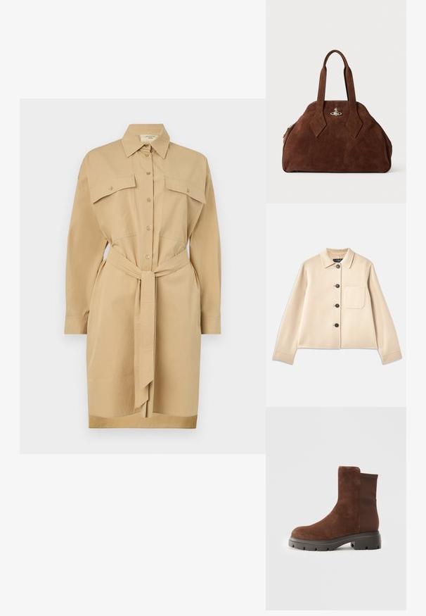 Beige uldblandet jakke med krave, seks sorte knapper og en brystlomme. Har lange ærmer og en cropped design.; Khaki skjortekjole med krave, lange ærmer, knaplukning foran, to brystlommer og en bælte i samme stof i taljen. Glat stoftekstur.; Brun ruskindsankelstøvle med elastiske sidepaneler, rund tå og en tyk gummisål med en struktureret slidbane.; Brun suede håndtaske med en struktureret form, rund krop og forlængede diamantformede håndtag. Har en hardwarelukning i sølv.