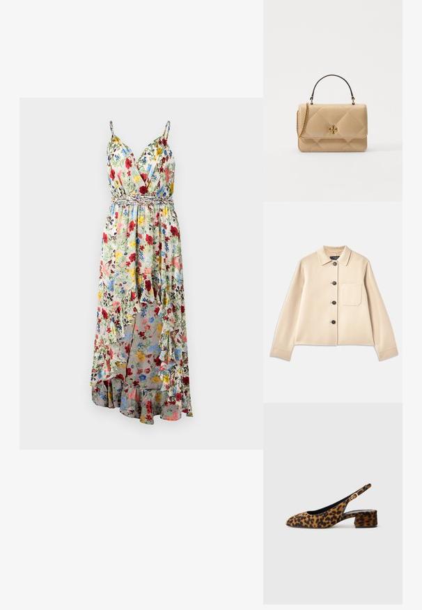 Beżowa kurtka z mieszanki wełny z kołnierzykiem, sześcioma czarnymi guzikami i kieszenią na piersi. Posiada długie rękawy i krótki krój.; Alice + Olivia TARA wielokolorowy; Kobiece buty w panterkę z odkrytymi piętami, z niskim blokowym obcasem i złotą klamrą na bocznym pasku, pokazane w profilu bocznym na jednolitym tle.; Quiltowana beżowa skórzana torebka z złotymi detalami, łańcuszkowym paskiem i uchwytem u góry. Posiada z przodu klapkę oraz charakterystyczny logo.