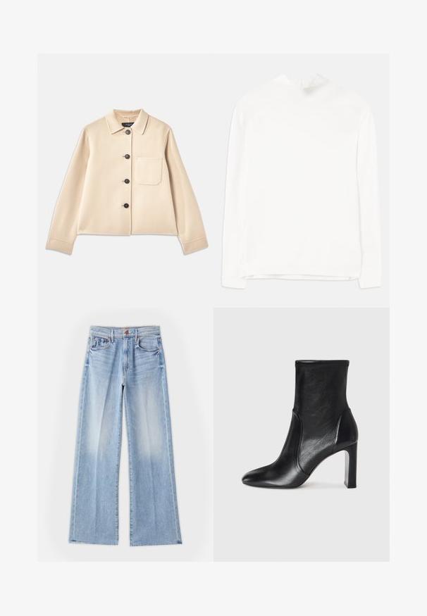 Bež jakna od vune s kragnom, šest crnih dugmadi i džepom na prsima. Ima duge rukave i skraćeni dizajn.; Bijela bluza dugih rukava s visokim izrezom, rebrastom teksturom i ravnim krojem. Tkanina izgleda mekano i glatko bez vidljivih uzoraka.; Svijetloplave široke traperice s visokim strukom, bočnim džepovima i uredno rezanim rubovima, s blagim izblijedjivanjem.; Crna kožna čizme do gležnja s elegantnim dizajnom, šiljastim prstom i visokim blok-hilom. Ima glatku teksturu i minimalističke detalje šivanja.