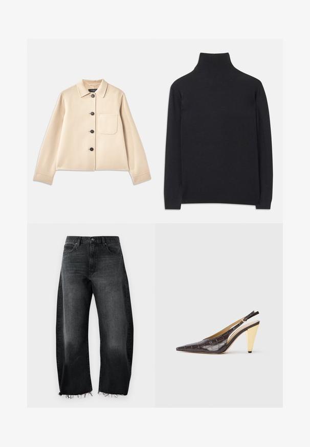 Bež jakna od vune s kragnom, šest crnih dugmadi i džepom na prsima. Ima duge rukave i skraćeni dizajn.; Crna rolka izrađena od mekanog materijala. Ima duge rukave, visoki ovratnik te rebraste rukave i donji rub za prilagodljiv izgled.; Crne traperice od teksasa s širokim nogavicama, iznošenim rubom, pet džepova i suptilnim izblješnjivanjem; napravljene od čvrstog pamučnog materijala.; Cipele s potpeticom i otvorenim stražnjim dijelom, u tamnosmeđoj sjajnoj umjetnoj koži krokodila. Sadrže zlatnu geometrijsku potpeticu i prilagodljivu naramenicu.