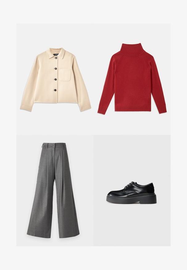 Bež jakna od vune s kragnom, šest crnih dugmadi i džepom na prsima. Ima duge rukave i skraćeni dizajn.; Crvena rolka napravljena od mekanog pletenog materijala. Ima rebrasti ovratnik i manžetne, s opuštenim krojem i bezšavnim ramenima.; WEEKEND MaxMara MELODIA - Hlače - grigio medio; Crne kožne cipele s okruglim vrhom, debelim platformama i ukrasnim vezicama. Glatka tekstura i kontrastni šavovi su vidljivi.