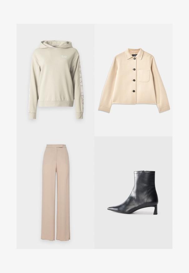 Casaco de mistura de lã bege com gola, seis botões pretos e um bolso no peito. Apresenta mangas longas e um design curto.; Sweatshirt bege claro com capuz e acabamento texturizado, com o logótipo EA7 no peito e marcações ao longo das mangas.; Calças de perna larga em bege, feitas de um tecido leve. Apresentam uma textura lisa, bolsos frontais e um design discreto na cintura.; Bota de tornozelo em pele preta com biqueira apontada e um design elegante. Apresenta um salto baixo e um fecho com zipper na parte de trás. Textura suave.