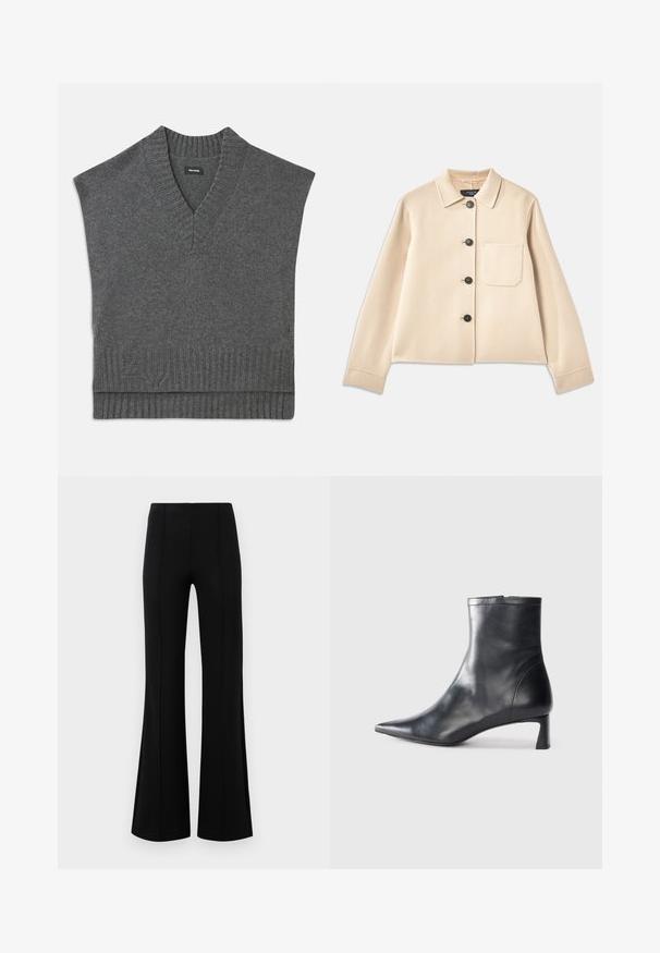Veste en mélange de laine beige avec un col, six boutons noirs et une poche poitrine. Possède des manches longues et un design court.; Pull gris sans manches avec un col en V, finition côtelée à l'encolure et à l'ourlet. Texture de tricot douce, avec un subtil détail de logo près du bas.; Pantalons évasés noirs avec une taille haute, fabriqués en tissu extensible. Présente des détails de couture verticaux sur le devant et une texture lisse.; Bottine en cuir noir avec un bout pointu et un design épuré. Présente un petit talon et une fermeture éclair à l'arrière. Texture lisse.