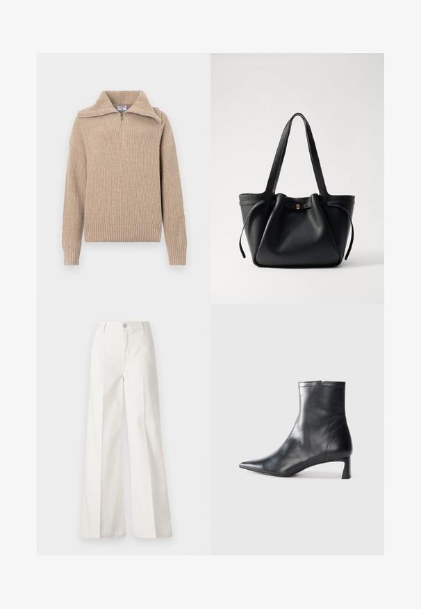 Bežinės vilnos mišinio švarkas su apykakle, šešiais juodais mygtukais ir krūtinės kišene. Turi ilgas rankoves ir trumpą dizainą.; Šviesiai rudas megztinis su pusiau užtrauktuku, storiu tekstūru ir ilgomis rankovėmis. Turi trumpą siluetą ir minkštą, šiltą audinį.; Balti platūs baltos spalvos keliai, pagaminti iš medvilnės su lygiu paviršiumi. Yra priekinis mygtukas, užtrauktukas ir keturi kišenės.; Juodas odinis kulkšninis batas su smailiu pirštu ir elegantišku dizainu. Turi žemą kulną ir užtrauktuką gale. Lygi tekstūra.; Juodas odinis rankinis krepšys su dviem ilgom diržais, surišamu viršumi ir auksiniu apvaliu akcentu. Lygus paviršius su minimalistiniu dizainu.