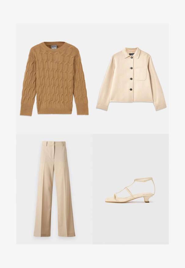 Beige ullblandad jacka med krage, sex svarta knappar och en bröstficka. Har långa ärmar och en kortad design.; Brun stickad tröja med kabelmönster, rund halsringning och långa ärmar. Ribbstickade mudd och nederkant, tillverkad av ett mjukt, strukturerat tyg.; Beiga vida byxor i mjukt tyg, med en flat front med veck, dragkedja och bälteshällor. Skräddarsydd passform.; Beige hälldojjor med T-remdesign, fyrkantig tå, justerbar ankle strap och en låg, blockklack. Slät lädermaterial.