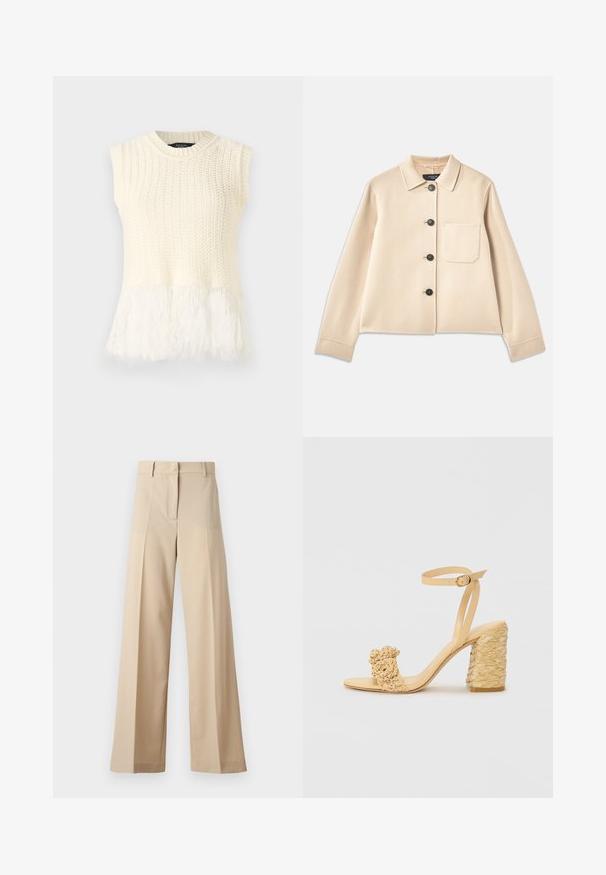 Veste en mélange de laine beige avec un col, six boutons noirs et une poche poitrine. Possède des manches longues et un design court.; Haut sans manches tricoté en crème, présentant un corps texturé et un ourlet doux et duveteux. L'encolure est ronde avec des détails côtelés.; Pantalons larges beiges en tissu lisse, avec un devant plat avec des plis, une fermeture éclair et des passants de ceinture. Coupe ajustée dans l'ensemble.; Sandale à talons hauts beige avec une texture tressée, ornée d'une fleur décorative et d'une bride à la cheville. Le talon carré ajoute de la stabilité.