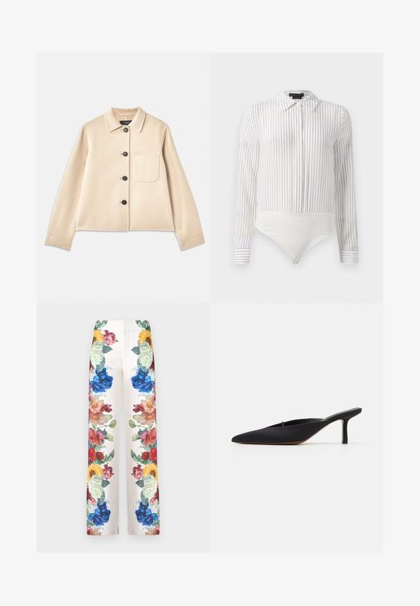 Beige wool blend jacket with a collared neck, six black buttons, and a chest pocket. Features long sleeves and a cropped design.; White long-sleeve bodysuit with thin black vertical stripes, pointed collar, buttoned cuffs, and snap closure at the bottom.; Alice + Olivia ANDREW BOOTCUT SLIM PANT - Trousers - off white; Black pointed-toe mule with a sleek design, made of smooth fabric, featuring a slender heel and open back for easy wear.