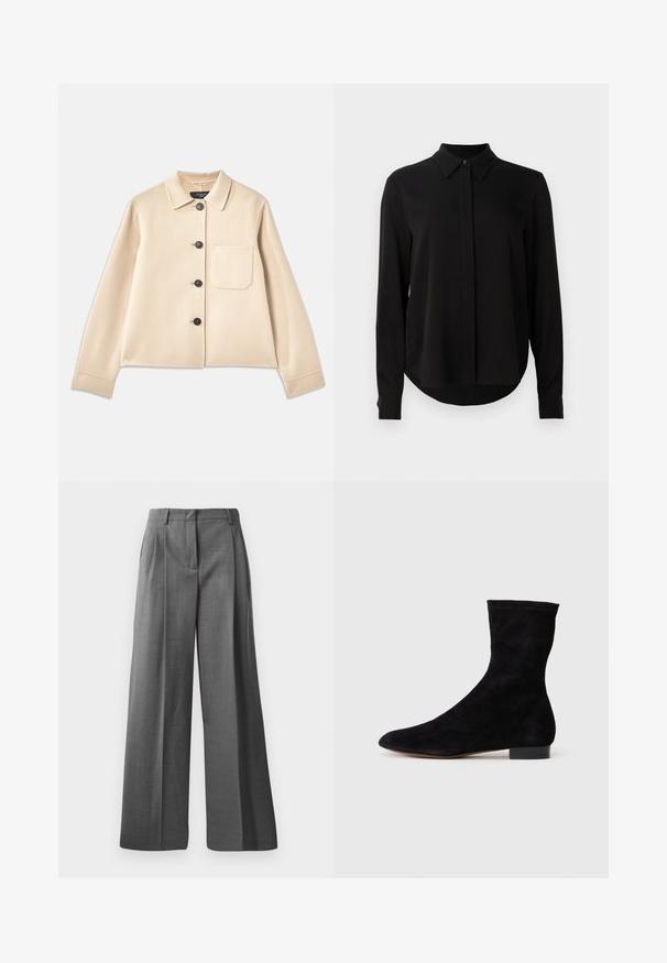 Beżowa kurtka z mieszanki wełny z kołnierzykiem, sześcioma czarnymi guzikami i kieszenią na piersi. Posiada długie rękawy i krótki krój.; Czarna bluzka z długim rękawem i spiczastym kołnierzykiem, z ukrytą plaketą guzikową oraz zaokrąglonym dołem na jednolitym białym tle.; Szare, szerokie spodnie wykonane z teksturowanej tkaniny o subtelnym wzorze. Posiadają fałdy z przodu oraz pas ze szlufkami na pasek.; Czarne zamszowe botki za kostkę z dopasowaną cholewką, spiczastym noskiem i niskim blokowym obcasem. Gładka faktura i minimalistyczny design, odpowiednie do wszechstronnych stylizacji.