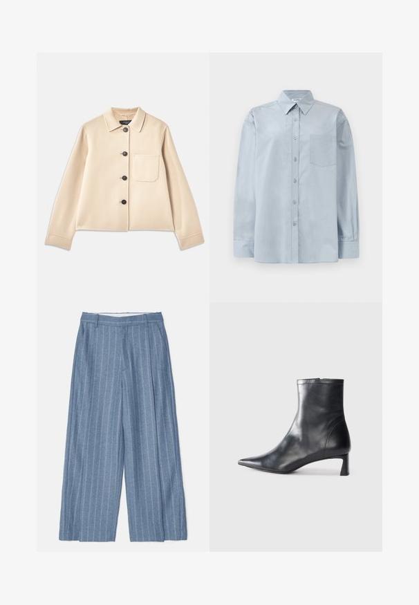 Beige wool blend jacket with a collared neck, six black buttons, and a chest pocket. Features long sleeves and a cropped design.; Light blue long-sleeve button-up shirt with pointed collar and chest pocket, laid flat on a white background.; Light blue wide-leg trousers with vertical white stripes, a flat front, belt loops, and a textured fabric finish.; Black leather ankle boot with a pointed toe and a sleek design. Features a low heel and a zipper closure at the back. Smooth texture.