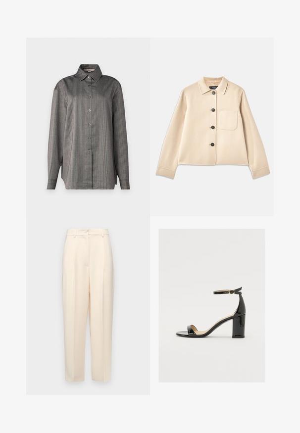 Beige gyapjú keverék kabát, galléros nyakkal, hat fekete gombbal és egy mellzsebből. Hosszú ujjak és rövidített fazon jellemzi.; Gombos ing szürke anyagból, kék és piros függőleges csíkozással. Klasszikus gallérral és hosszú ujjal rendelkezik. Könnyű tapintású.; Beige, egyenes szabású testre szabott nadrág, elöl plisszírozással, sima textúrával és közepes derékkal. Nincsenek látható zsebek.; Fekete lakkbőr szandál széles sarokkal, nyitott orral és bokapánttal, amelyen arany csat található. Sima felület és elegáns dizájn.