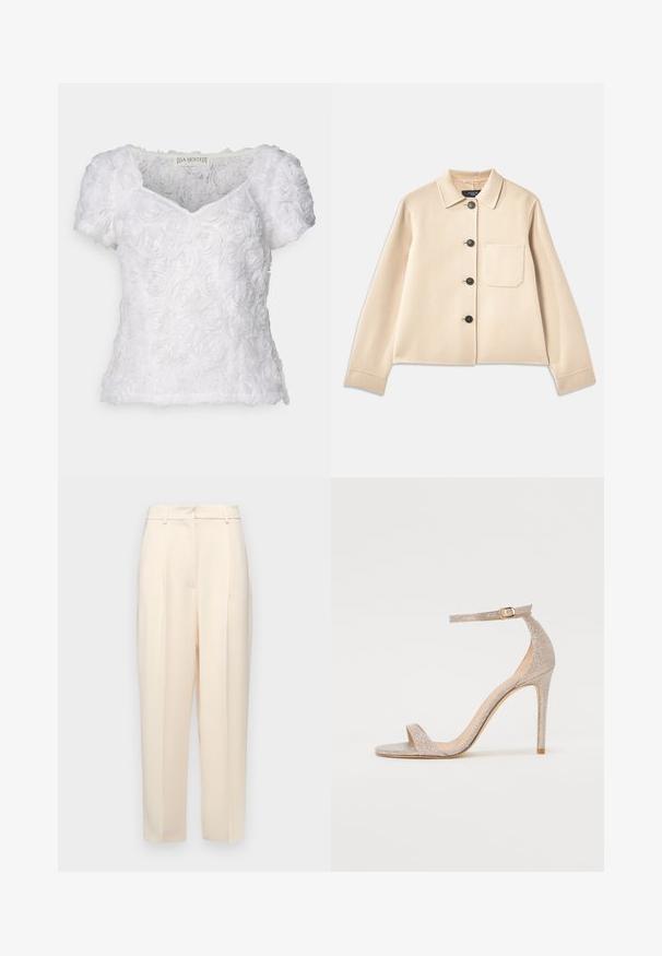 Bežinės vilnos mišinio švarkas su apykakle, šešiais juodais mygtukais ir krūtinės kišene. Turi ilgas rankoves ir trumpą dizainą.; Balta trumpa rankovėmis bluzonė su tekstūruota rožių raštu, V formos iškirpte ir minkšta medžiaga. Etiketėje parašyta "DA SJÖSTEDT".; Bežinės pritaikytos kelnės su tiesiu kirpimu, su raukšlėmis priekyje, lygia tekstūra ir vidutinio aukščio juosmens. Nematomos kišenės.; Metaliniu rožiniu auksu padabinti aukštakulniai sandalai su dirželiais, turintys tekstūruotą viršutinę dalį, atvirą pirštą ir kulkšnies dirželį su auksiniu sagtimi.