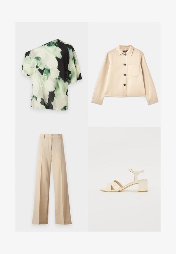 Giacca in misto lana beige con collo, sei bottoni neri e taschino sul petto. Presenta maniche lunghe e un design accorciato.; Blusa asimmetrica in tessuto leggero con sfondo nero e motivi floreali verdi e bianchi; maniche corte, vestibilità ampia.; Pantaloni beige a gamba larga realizzati in tessuto morbido, con fronte piatto e pieghe, zip e passanti per cintura. Vestibilità sartoriale complessiva.; Sandali con tacco in pelle verniciata beige, design con cinturino incrociato, punta aperta, cinturino alla caviglia regolabile e tacco a blocco. Texture liscia.