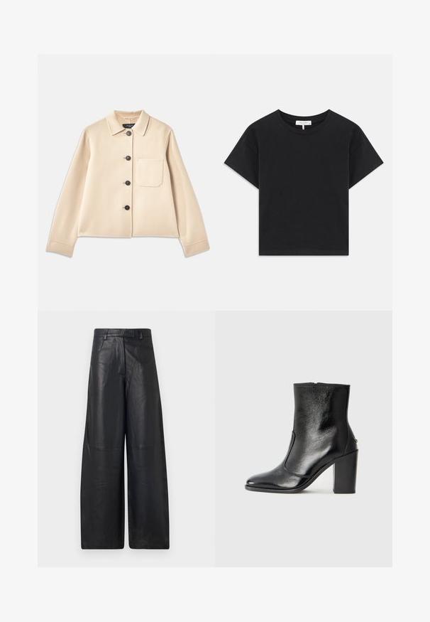 Beige Wollmischung-Jacke mit Kragen, sechs schwarzen Knöpfen und einer Brusttasche. Hat lange Ärmel und ein kurzes Design.; Schwarzes Crop-Top aus Baumwolle mit rundem Halsauschnitt, kurzen Ärmeln und einem schlichten Design ohne Muster oder Verzierungen.; Schwarze Lederweite Hose mit glatter Textur, ausgestattet mit einem strukturierten Taillenbund und subtilen Nahtdetails.; Schwarze Leder-Stiefelette mit glatter Textur, spitzem Fuß und klobigem hohen Absatz. Verfügt über eine seitliche Öffnung und ein minimalistisches Design.