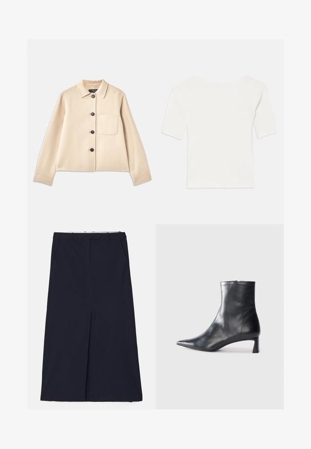 Beigā vilnas maisījuma jaka ar apkakli, sešām melnām pogām un krūšpocketu. Iezīmē garas piedurknes un īsu dizainu.; Balts ribots īsām piedurknēm tops ar plašu dekoltē. Raksts ietver vertikālas līnijas, uzsverot ciešu piegulšanu un vienkāršu dizainu.; DESIGNERS REMIX SCOTT LONG SKIRT - Maksi svārki - navy; Melnas ādas potītes zābaki ar norādītu pirkstu un elegantu dizainu. Iezīmē zemu papēdi un rāvējslēdzēja aizdari aizmugurē. Gluda tekstūra.