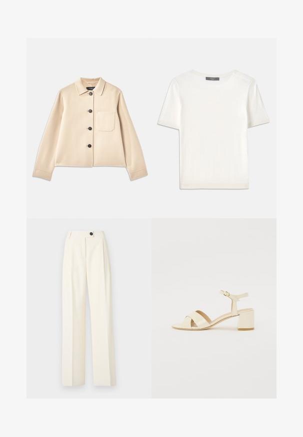 Beige wool blend jacket with a collared neck, six black buttons, and a chest pocket. Features long sleeves and a cropped design.; White short-sleeve knit top with a round neckline, featuring a smooth texture and subtle ribbed accents at sleeves and hem.; Wide-leg trousers in cream fabric, featuring a high waist, front pleats, and a single black button detail at the waistband.; Beige patent leather heeled sandals with cross strap design, open toe, adjustable ankle strap, and a block heel. Smooth texture.