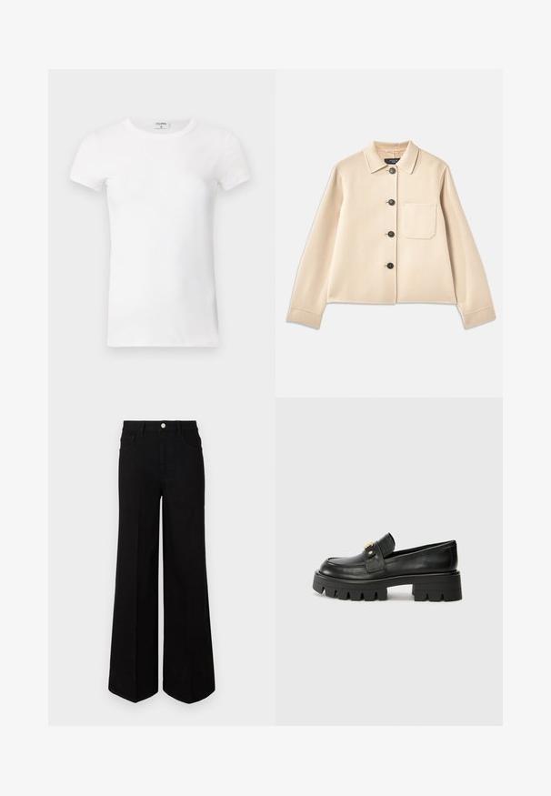Beige ullblandad jacka med krage, sex svarta knappar och en bröstficka. Har långa ärmar och en kortad design.; Vit, ribbad T-shirt med kort ärm och rundad halsringning. Tyget ser slätt ut med en tight silhuett. Logotyp synlig vid kragen.; Svarta vida jeans i kraftig tyg, med hög midja, framfickor och knäppning fram. Slät fåll längst ner.; Svarta läderloafers med en kraftig sula, som har en guldtonad detalj på framsidan och en slät yta. Kraftig mönstring på sulan.