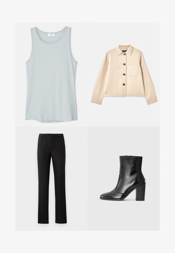Beigā vilnas maisījuma jaka ar apkakli, sešām melnām pogām un krūšpocketu. Iezīmē garas piedurknes un īsu dizainu.; Filippa K TANK - Tops - thundersto; Melnas pielāgotas bikses ar taisnu kāju, divām priekšējām kabatām, pogu aizdari un liekumu detaļām priekšpusē. Gluda auduma tekstūra.; Melnas ādas potīšu zābaki ar gludu tekstūru, smailu purngalu un masīlu augstu papēdi. Iekļauts sānu atvērums un minimālistisks dizains.