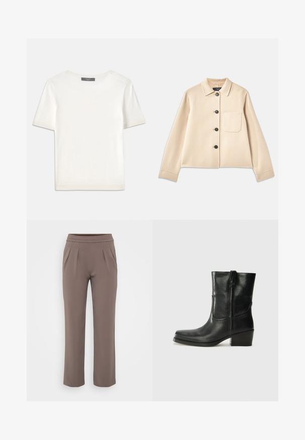 Beige villasekoitteinen takki, jossa on kauluksellinen kaula, kuusi mustaa nappia ja rintatasku. Ominaisuuksiin kuuluvat pitkät hihat ja lyhyt muoto.; Valkoinen lyhythihainen neulepaita, jossa on pyöreä kaula-aukko. Paidan pinnassa on sileä rakenne ja hihansuissa sekä helmassa hienostuneet ribbineulekoristeet.; Harmaat löysät housut, joissa on joustava vyötärö ja etutaskut, valmistettu sileästä kankaasta.; Musta nahkasaapas nilkkamittaisella varrella, pyöreällä kärjellä, lohkarekorolla, sivuvetoketjulla ja ompeluaksentilla varren yläosassa. Suora pinta, klassinen muotoilu.