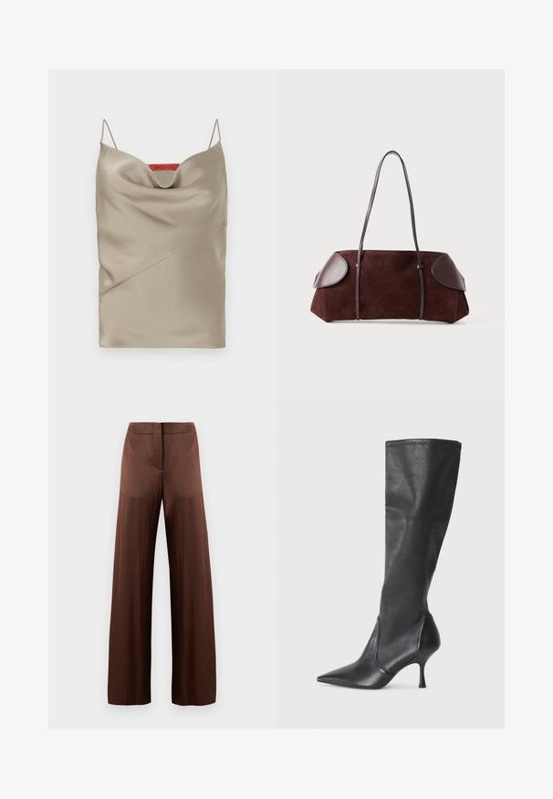 Giacca in misto lana beige con collo, sei bottoni neri e taschino sul petto. Presenta maniche lunghe e un design accorciato.; Camisola in satin di un leggero taupe con scollatura drappeggiata, spalline sottili regolabili e dettagli con cuciture diagonali. Etichetta del marchio in rosso sul retro.; Pantaloni larghi marroni realizzati in tessuto liscio e leggero, con frontale piatto, senza tasche e dalla silhouette dritta.; Stivali neri in pelle al ginocchio con punta affusolata e tacco a stiletto sottile. Texture liscia con design aderente e cuciture lungo il bordo superiore.; Borsa in suede marrone con dettagli in pelle, forma strutturata, doppi manici a spalla e bordi arrotondati, caratterizzata da una texture liscia e hardware minimal.