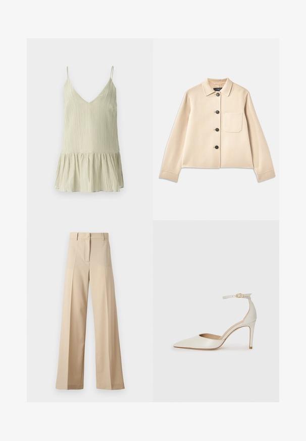 Giacca in misto lana beige con collo, sei bottoni neri e taschino sul petto. Presenta maniche lunghe e un design accorciato.; Camisola plissettata verde chiaro con scollo a V e spalline sottili, caratterizzata da un orlo svasato e arricciato per un volume extra.; Pantaloni beige a gamba larga realizzati in tessuto morbido, con fronte piatto e pieghe, zip e passanti per cintura. Vestibilità sartoriale complessiva.; Scarpa col tacco alto in pelle bianca con punta affusolata, cinturino alla caviglia e tacco a stiletto sottile. Texture liscia con una finitura leggermente lucida.