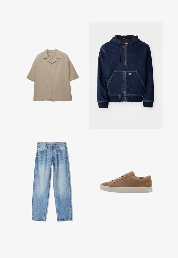 Denim zip-up kapuca v temno modri barvi, ima vrvico na kapuci, sprednje žepke in rebraste manšete. Vidne kontrastne šive in oznako blagovne znamke.; Kratka bež srajca s kratkimi rokavi, izdelana iz lahkega blaga, s sproščenim krojem, zareznim ovratnikom in subtilno teksturo.; Svetlo modri kavbojke z ohlapnim krojem, ravnim nogavicama, petimi žepi in zbledelim videzom. Imajo zadrgo in gumb na sprednji strani.; Rjavi semiš nizki štampiljki s bež gumijastim podplatom in ujemajočimi se rjavimi vezalkami, prikazan v profilu na belem ozadju.