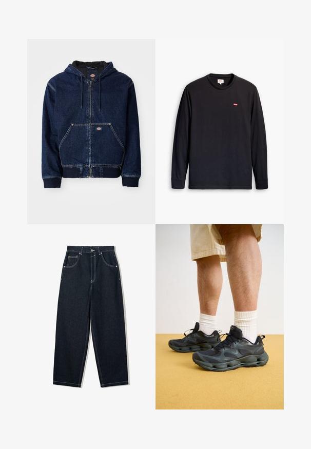 Sötétkék farmer zipzáras kapucnis pulóver, állítható kapucnival, elülső zsebekkel és bordás mandzsettákkal rendelkezik. Megjelenik a kontrasztos varrás és a márka címke.; Fekete, hosszú ujjú pamut póló. Kerek nyakkivágással és a mellkason kis piros logóval. Műanyag tapintású, normál szabású.; Széles szárú, sötét farmernadrág kontrasztos fehér varrással, öt zsebbel és gombos záródással. Magas derék kialakítás jellemzi.; Sötétszürke sportcipők texturált hálós felsőrészsel, gumitalppal és fekete kiemelésekkel. Fehér, bordázott zoknival és bézs rövidnadrággal viselve, sárga padló háttérben.