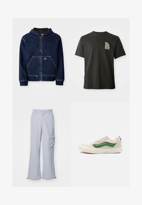 Dunkelblaue Denim-Zip-Hoodie mit einer Kordelzugkapuze, Fronttaschen und gerippten Bündchen. Kontrastnähte und Markenlabel sichtbar.; Schwarzes Kurzarm-T-Shirt mit Rundhalsausschnitt, das ein kleines grünes und weißes Viertelkreis-Logo und den Text "The North Face" auf der linken Brust zeigt.; Helle graue Cargo-Hosen aus leichtem Stoff, mit lockerer Passform, Seitentaschen und verstellbaren Säumen für Vielseitigkeit.; Beige Wildlederschuhe mit grünen Lederakzenten, runder Schuhspitze, weißen Schnürsenkeln und strukturierten Details an den Seiten. Gummisohle sichtbar.