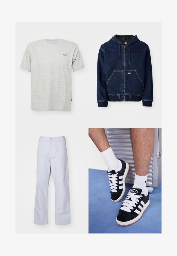 Tumši zilās džinsa jakas ar rāvējslēdzēju, iezīmēta ar kapuci ar auklām, priekšējiem kabatām un ribota kāju apdari. Redzama kontrasta šuvju un zīmola etiķete.; Pelēka kokvilnas T-kreklu ar apaļu kakla izgriezumu, īsām piedurknēm un mazu krāsainu logo uz krūškurvja. Mīksta tekstūra, brīva piegriezuma un bez rakstiem.; Gaiši zila, taisnu kāju bikses, izgatavotas no kokvilnas. Tām ir priekšējā kabata, rāvējslēdzēja aizdare un viena metāla pogas jostasvietā.; Melni zamšaini sporta apavi ar baltiem šņorēm un trim baltām svītrām. Iekļauj arī apaļu melnu logotipu uz mēles un gumijas zoli.