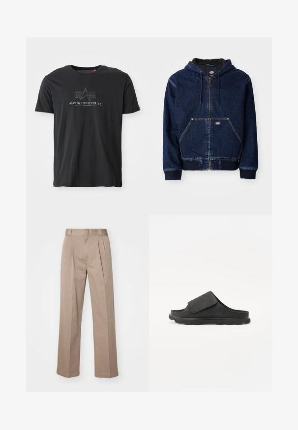 Tamsiai mėlynas džinsinis užtrauktukas su gobtuvu, turi reguliuojamą gobtuvą, priekines kišenes ir rauktas rankoves. Matoma kontrastinė siuvinėjimo ir prekės ženklo etiketė.; Juodos medvilnės marškinėliai su apvalia neck linija, su tekstūruotu logotipo spaudiniu, kuriame užrašyta "ALPHA INDUSTRIES" ir centrinis trikampio dizainas.; Bežiniai, aukštu liemeniu kelnių modeliai su plačiomis kojomis. Juose yra dvi priekinės raukšlės ir lygi tekstūra. Standartinio ilgio su švariu apdailu.; Juodas šlepetes su minkštu zomšiniu viršumi, reguliuojamu dirželiu, paminkštinta padu ir tekstūruota guma, užtikrinančia sukibimą.