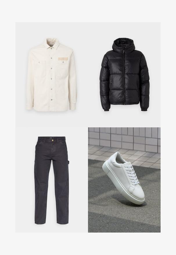 Giacca a vento nera con cappuccio, caratterizzata da una finitura lucida, sezioni trapuntate, zip frontale e polsini elasticizzati per una vestibilità aderente.; Giacca in denim bianco con maniche lunghe, colletto a punta, due tasche frontali, bottoni a pressione in metallo e etichetta in tessuto con il marchio sul petto.; Pantaloni cargo grigio scuro realizzati in tessuto resistente, con un taglio dritto, cinque tasche e chiusura a bottoni in vita.; Sneaker bianco in pelle con superficie liscia, punta rotonda e lacci piatti bianchi. Presenta una suola in gomma texturizzata e un design minimale.