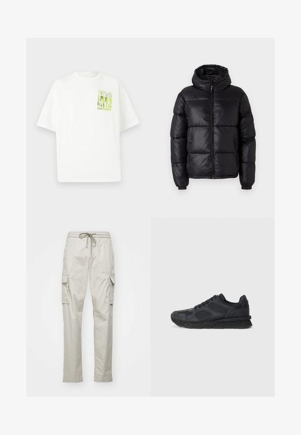 Svart boblevest med hette, med en skinnende overflate, quiltede seksjoner, glidelås foran og elastiske mansjetter for en tett passform.; Hvit oversized T-skjorte laget av bomull, med et grønt grafisk trykk med "REPLAY MARTIN GARRIX" foran. Korte ermer og rund hals.; Lyse beige cargo bukser med elastisk linning, snor og to sidelommer. Laget av et lett og glatt stoff.; Replay ARTHUR ATOM - Joggesko - black