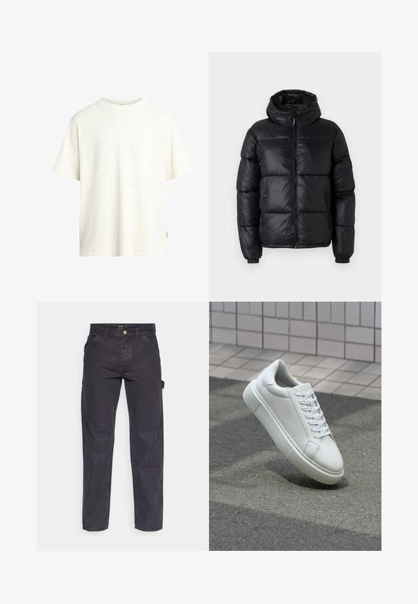 Czarna kurtka puchowa z kapturem, o błyszczącej powierzchni, pikowanych sekcjach, z zamkiem z przodu i elastycznymi mankietami zapewniającymi dopasowanie.; Koszulka z krótkim rękawem, okrągłym dekoltem w kolorze off-white, wykonana z miękkiej bawełny, o prostym kroju i minimalistycznym designie bez wzorów.; Ciemnoszare spodnie cargo wykonane z trwałej tkaniny, z prostymi nogawkami, pięcioma kieszeniami i zapięciem na guzik w talii.; Białe skórzane trampki z gładką powierzchnią, okrągłym noskiem i płaskimi białymi sznurowadłami. Posiadają teksturowaną gumową podeszwę oraz minimalistyczne elementy projektowe.